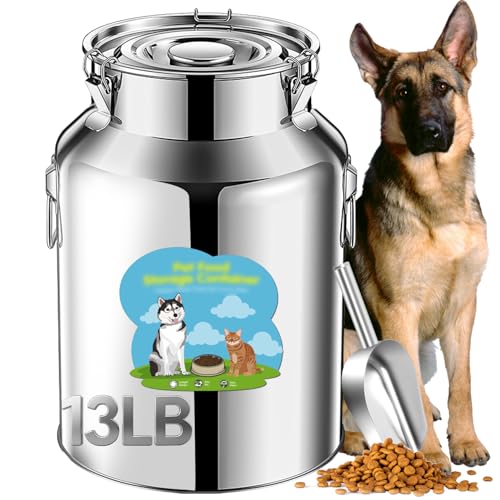 Newget 13lb Stainless Steel Dog Food Storage Container, Metal Pet Storage Container with Airtight Hangable Lid to Keep Food Fresh, Large Cat Food Storage Container with Scoop to Easily Clean - size: 13 lb