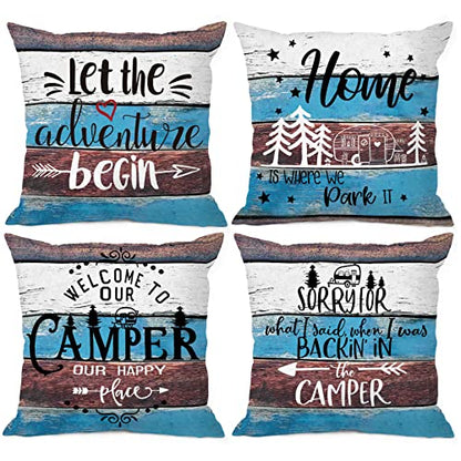 Rustic Welcome to Our Camper Let The Adventure Begin Throw Pillow Cover Pillowcase 18x18 Inch (Set of 4) Decor, Camper Rv Farmhouse Sofa Bed Bedroom Home Decoration