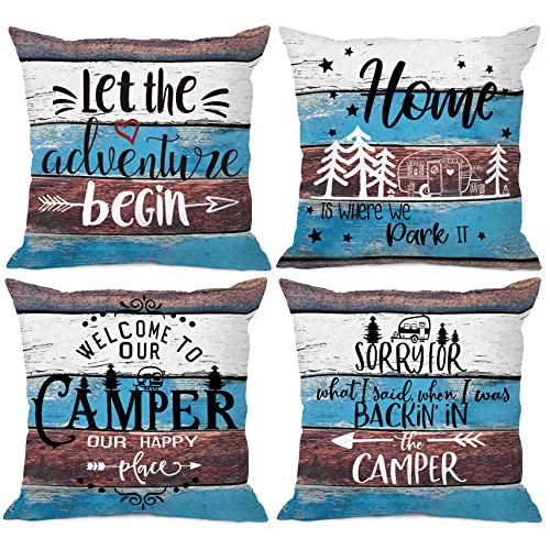 Rustic Welcome to Our Camper Let The Adventure Begin Throw Pillow Cover Pillowcase 18x18 Inch (Set of 4) Decor, Camper Rv Farmhouse Sofa Bed Bedroom Home Decoration