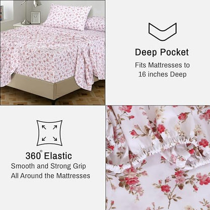 RUVANTI 100% Cotton Percale Sheets Twin XL Size, Bouquet | Crisp Cooling, Deep Pocket 16", Soft Breathable & Durable, Hotel-Style, 3 Piece Set - color: Bouquet, size: Twin XL