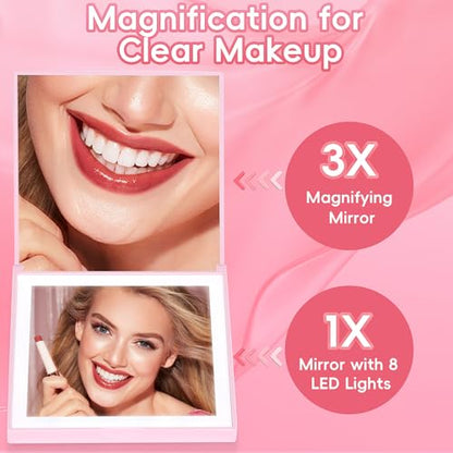 Compact Mirror, 1X/3X Magnifying Travel Mirror with Light Small Purse Mirror Pocket Mirror for Makeup, Mini LED Portable Handheld Makeup Mirror Travel Essentials Gifts for Women Girls, Pink