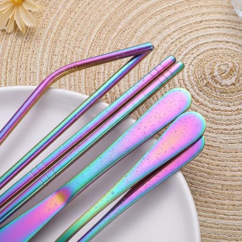 Portable Stainless Steel Flatware Set, Travel Camping Cutlery Set, Portable Utensil Travel Silverware Dinnerware Set with a Waterproof Case (Rainbow) - color: Rainbow