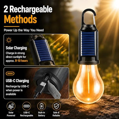 4 Pack Led Camping Lantern Solar Rechargeable,Outdoor Tent Lights for Camping Essentials, Hanging Light Bulbs with Clip Hook Camping Flashlight