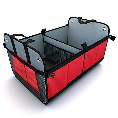 Premium Heavy Duty Auto Trunk Organizer. Best Cargo Storage for SUV, Cars, Trucks and Minivans, with 3 Compartments and Side Pockets. Durable Divider, Collapsible and Foldable with.