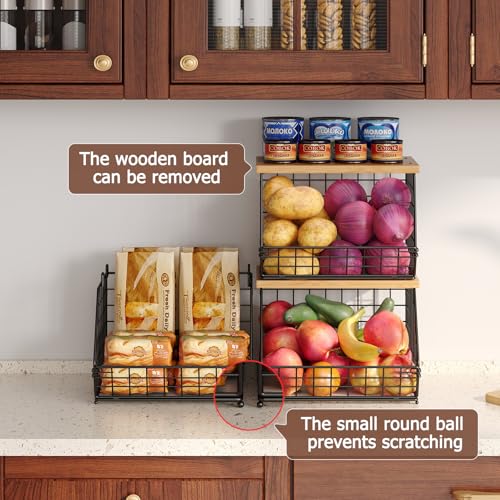 2 Set Stackable Wire Basket with Wooden Tops & Pad for kitchen organizers and storage, XXL Kitchen Counter Organizer for Fruit, Vegetable, Bread, Potato and Onion Storage Bin - size: 2pcs*11.8"*11.8"*18.9"