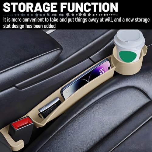 2PCS Car Seat Gap Filler Organizer with Cup Holder, Multifunctional Side Seat Crevice Blocker Plug with Storage Slot, No-Drop Auto Console Side Gap Stopper Organizer, Universal Fit (Beige) - color: Beige