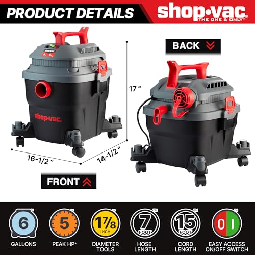Shop-Vac 6 Gallon 5 Peak HP Wet/Dry Vacuum, Portable Shop Vacuum with Attachments for Jobsite, Garage & Workshop. 5430097 - size: 6 Gallon