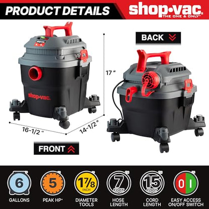 Shop-Vac 6 Gallon 5 Peak HP Wet/Dry Vacuum, Portable Shop Vacuum with Attachments for Jobsite, Garage & Workshop. 5430097 - size: 6 Gallon