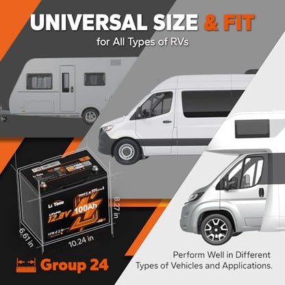 LiTime 12V 100Ah Lithium LiFePO4 RV Battery Bluetooth, Group 24 Self-Heating Deep Cycles Battery, Low-Temp Protection with 2 Heating Mode for Camper, Trailer, Van, Trolling Motor - size: 100Ah Heated (Group 24)