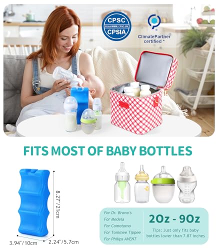 PIIOSER Breastmilk Cooler Bag with Ice Pack, Fits 6 Baby Bottles Up to 9 Oz, Stylish Baby Cooler Travel Bags with Shoulder Strap, Double Deck & Leakproof for Nursing & Working Mom-Red & White Striped - color: Red & White