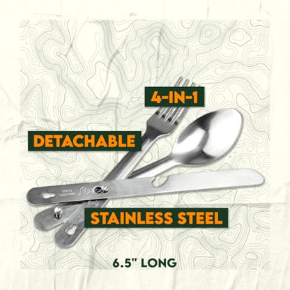 SE 4-in-1 Detachable Stainless Steel Utensil Set - Spoon, Fork, Knife, Bottle Opener - 6.5" Length, Compact for Camping, Hiking, Travel - Includes Clear Pouch - KC7043FSK