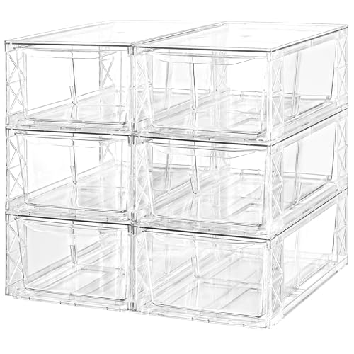 6Pack Acrylic Storage Drawers, Clear Stackable Storage Drawers, Acrylic Storage Bins with Drawers for Fridge Organizers, PlasticDrawers Stackable for Makeup Organizers Cosmetic Display, Medium - color: Clear 6, size: Medium