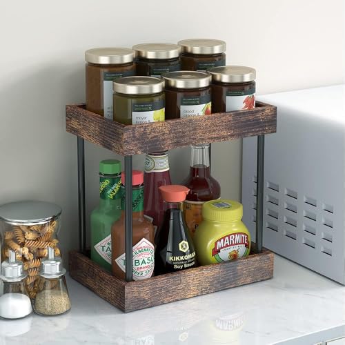 mahueeol 2 Tier Bathroom Organizer Countertop, Wooden Bathroom Trays for Counter Vanity Organizer Cosmetic Storage Vanity Organizer, Coffee Station Organizers, Kitchen Spice Rack - style: Retro