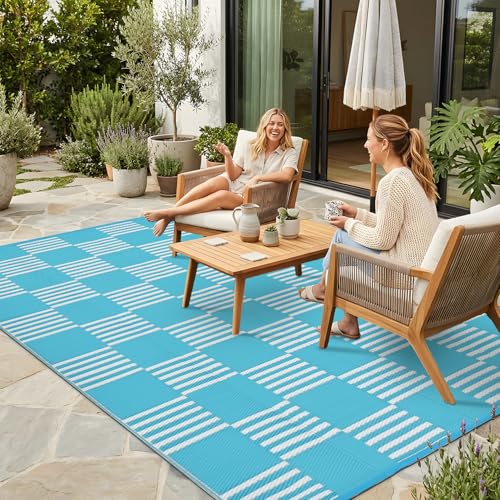 Garvee Waterproof Outdoor Rug 6x9, Checkered Foldable Plastic Straw Patio Camping Rug, Outdoor RV Carpet for Deck Camper Porch Balcony Backyard Picnic Beach Blue and White - color: Blue & White, size: 6' x 9'