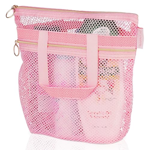 DV Lifestyle Mesh Shower Bag 10.2x9.9'' Quick-Dry Caddy with Zipper & 2 Pockets. Portable Toiletry Tote for Bathroom, Gym, Travel, Camp, Beach, for Sunscreen, Dorm & College Essentials (Pink) - color: Pink, size: Small