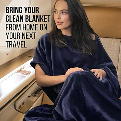 Kululu Travel Blanket and Pillow Set, Airplane Blanket Compact 2-in-1 Combo Set, Flight Essentials Poncho with Pocket, Pouch & Luggage Backpack Strap | Travelers Gifts Accessories 62"x45" (Space Blue) - color: Space Blue