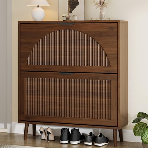 Shoe Storage Cabinet with 2 Flip Drawers, Narrow Wood Shoe Organizer Cabinet with Fluted Panel, Slim Shoe Rack for Entryway, Freestanding Shoe Cabinet for Living Room, Hallway, Walnut - color: Walnut, size: 2-Drawers
