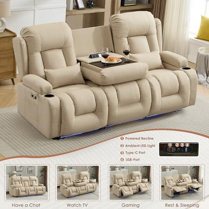 TUNYI Power Loveseat Recliner Sofa with Massage & Heat Home Theater Seating with Console RV Recliner Loveseat Sofa with USB/Storage/Side Pocket/LED Light/Speaker (Beige, 3 Seat) - color: Beige, size: 3 Seat