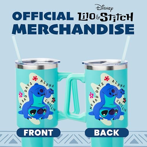 Silver Buffalo Disney Lilo and Stitch Aloha No Bad Days Chillin’ Double Walled Stainless Steel Tumbler with Handle and Straw, Fits in Standard Cup Holder, 40 Ounces - color: Disney Lilo and Stitch Chillin
