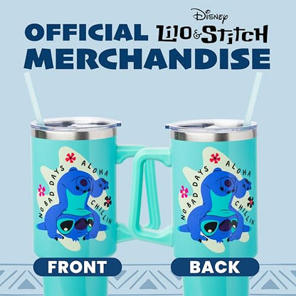 Silver Buffalo Disney Lilo and Stitch Aloha No Bad Days Chillin’ Double Walled Stainless Steel Tumbler with Handle and Straw, Fits in Standard Cup Holder, 40 Ounces - color: Disney Lilo and Stitch Chillin