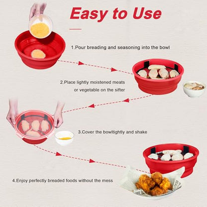 FJNATINH Collapsible Batter Bowl - Mess Free Better Breader Shaker Bowl with Lid Breading Shaker Container - Great for Fried Fish, Fried Chicken, Onion Rings, Wings & More,Bright Red - color: Cardinal Red