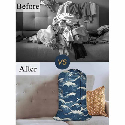 Swono Wave Large Collapsible Laundry Bag - Surf Sea Cartoon Blue White Foldable Hamper, Football Grid Oxford Cloth, Holds 4 Loads, Ocean Theme - color: Wave