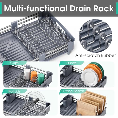 TOOLF Dish Drying Rack for Kitchen Counter, Extendable Dish Rack with Drainboard, Expandable Dish Drainer, Collapsible Dish Strainer with Cutlery Holder, Foldable Countertop Plate Rack, Light Gray - color: Light Gray