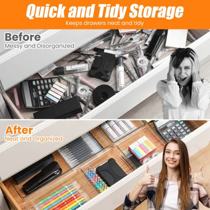 12 Pack Clear Plastic Drawer Organizer Set, Acrylic Non Slip Non Cracking Kitchen Drawer Storage Tray Large Size Divider, Multifunctional Storage for Cosmetics, Bathroom, Tools, Kitchen and Office - size: 12 PACK