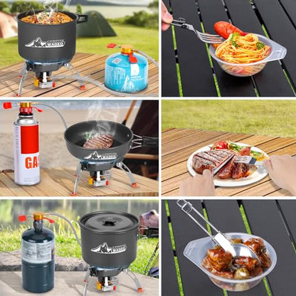 WADEO Camping Cookware Mess Kit with 7200W Camping Stove, 14PCS Non-Stick Camping Pot Pan Set with Stainless Steel Fork Knive Spoon for Camping Backpacking Hiking Outdoor Cooking and Picnic