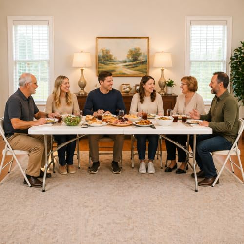 8ft Folding Table, Heavy Duty Plastic Table with Handle, White | Foldable Spacious Tabletop, Extra Large, Portable for Indoor & Outdoor Use, for Camping, Picnic, Wedding, Party, Gathering - size: 8FT
