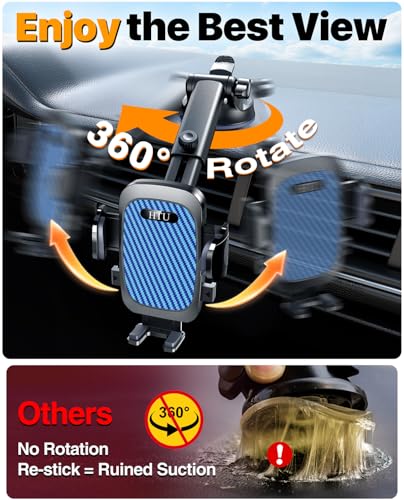 HTU 2026 Ultimate Best【True Military-Grade & Safety Cert】Car Phone Holder【Upgraded 360 Rotation & 100+LBS Strongest Suction】5-in-1 Truck Windshield Dashboard Vent Mount Stand for iPhone Android, Blue - color: Blue