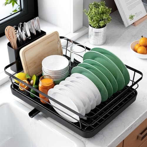 Kitsure Dish Drying Rack for Kitchen Counter, Stainless Steel Sink Organization and Storage Essentials with Cutlery Holder, Home and Appartment Decor, 12''W x 15.5''L, Black - color: Black, size: 12''W x 15.5''L - 1 Tier