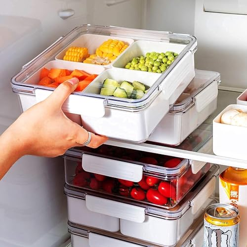 3Pack Snackle Box Divided Veggie Serving Tray with Lid Salad Keeper with 4 Removable Boxes Stackable Refrigerator Organizer Bins Produce Saver for Meal Prep Fruit Vegetable Lunch Meat - size: 3 Pack