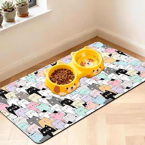 Pet Feeding Mat for Floors Waterproof Dog Mat for Food and Water Absorbent Quick Dry Non Slip mat for Cat Bowls - color: ColorfulCat, size: 30"L x 17"W