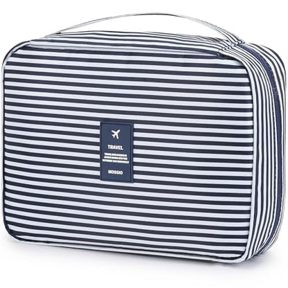 Mossio Hanging Toiletry Bag with Sturdy Hook - Large Portable Cosmetic Makeup Travel Organizer for Men & Women - color: Blue Stripe