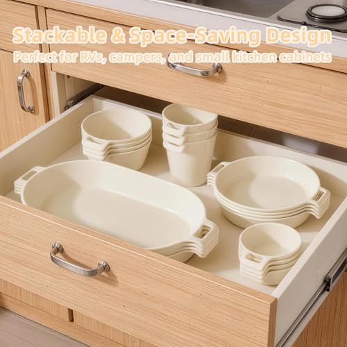 Dinnerware Set for 4, 21-Piece Unbreakable Plates and Bowls Set with Mesh Bag, Cups, Sauce Dishes and Serving Platters, Lightweight Outdoor Dish Set for Picnic, RV, Patio, BBQ, Cream White - color: Cream White