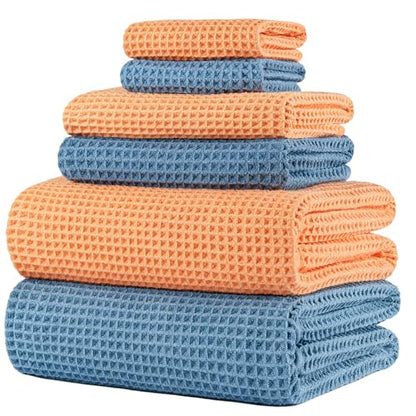 POLYTE 430 GSM Microfiber Quick Dry Lint Free Oversize Bath Towel Set, 6 Piece (Waffle Weave) - color: Blue,orange