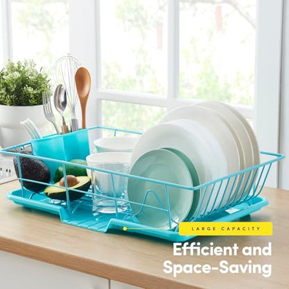 Space-Saving 3-Piece Dish Drainer Rack Set: Efficient Kitchen Organizer for Quick Drying and Storage - Includes Cutlery Holder and Drainboard - Maximize Countertop Space, Turquoise Blue - color: Turquoise Blue