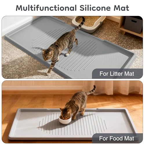 ISSEVE Cat Litter Mat 54" x 27.5" XXL, Extra Large Silicone Mat for Litter Box, 1.38" Raised Edge Urine Proof Litter Trapping Mat Pad for Scatter Control, Soft on Kitty Paws, Protect Floor (Grey) - color: Light Grey