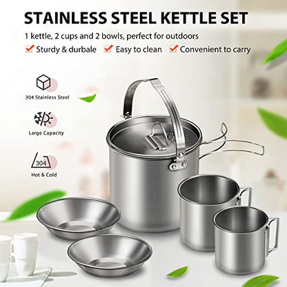 Lixada 5PCS Camping Cookware Set Stainless Steel 1.2L Camping Pot with 2 Cups & 2 Bowls, Lightweight Portable Backpacking Pot with Foldable Handles & Lid for Outdoor Cooking Hiking Picnic