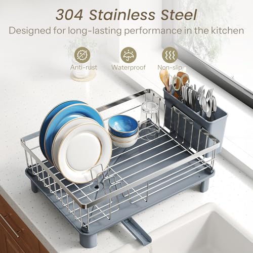 SNTD Dish Drying Rack - Small Dish Rack for Kitchen Counter, Stainless Steel Dish Drainer with Utensil Holder and Drainboard, 11" W x 15" L (Silver) - color: Silver, size: 11" W x 15" L