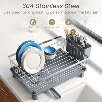 SNTD Dish Drying Rack - Small Dish Rack for Kitchen Counter, Stainless Steel Dish Drainer with Utensil Holder and Drainboard, 11" W x 15" L (Silver) - color: Silver, size: 11" W x 15" L