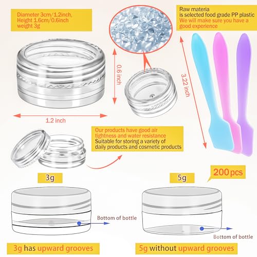 200 Pack 3g Plastic Jars with Lids, 3ml Round Clear Cosmetic Containers Makeup Jars, 3gram Travel Size Container Jar with Spatulas for Makeup Lotion Cream Sample Ointment Salve Balm Powder - color: Clear, size: 200PCS