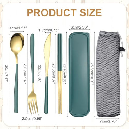 uxcell Travel Utensils with Case, Stainless Steel Portable Silverware, Green/Gold - color: Green/Gold