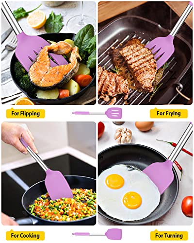 Pack of 2 Silicone Solid Turner, Non Stick Slotted Kitchen Spatulas, High Heat Resistant BPA Free Cooking Utensils, Ideal Cookware for Fish, Eggs, Pancakes(Purple) - color: Purple