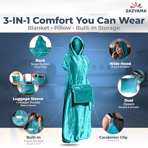 3-in-1 Travel Blanket Airplane – Compact with Bag & Pillow Combo Set, Ultra-Soft Fleece | Packable Blanket Compact | Hidden Pocket | Trolley Sleeve | Carabiner | Travel Essentials (Aqua Teal)