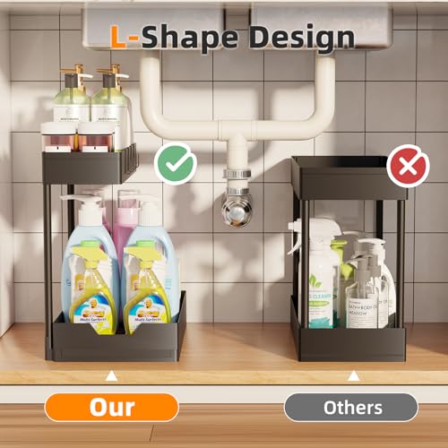 Simple Trending Under Sink Organizer 2 Pack, 2 Tier Cabinet Organizer with Sliding Basket, Multi-Purpose Sink Storage Basket with 4 Hooks for Kitchen Bathroom, Black - size: 2 pack
