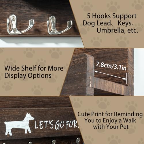 Wood Dog Leash Holder for Wall, Key Hangers with 5 Double Key Hooks, Dog Leash Hanger Wall Mounted for Entryway, Farmhouse Treats,35cm,Brown - color: Brown