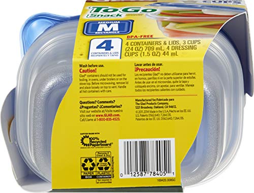Glad GladWare To Go Snack Food Storage Containers with Lids, Medium Rectangle No BPA Plastic with Built-In Dressing Cup for Salads and Snacks, Microwave Dishwasher Safe, 24 Oz, 4 Count - size: 4 Count (Pack of 1), style: Rectangle