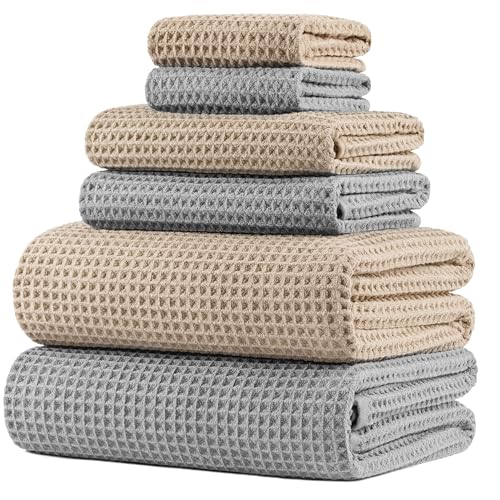 POLYTE 430 GSM Microfiber Quick Dry Lint Free Oversize Bath Towel Set, 6 Piece (Waffle Weave) - color: Beige,light Gray